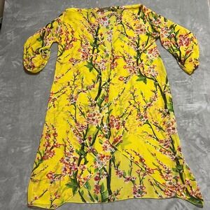 Yellow Floral Kimono Duster Dress Mesh Sleeve Flowy Cover Up M L